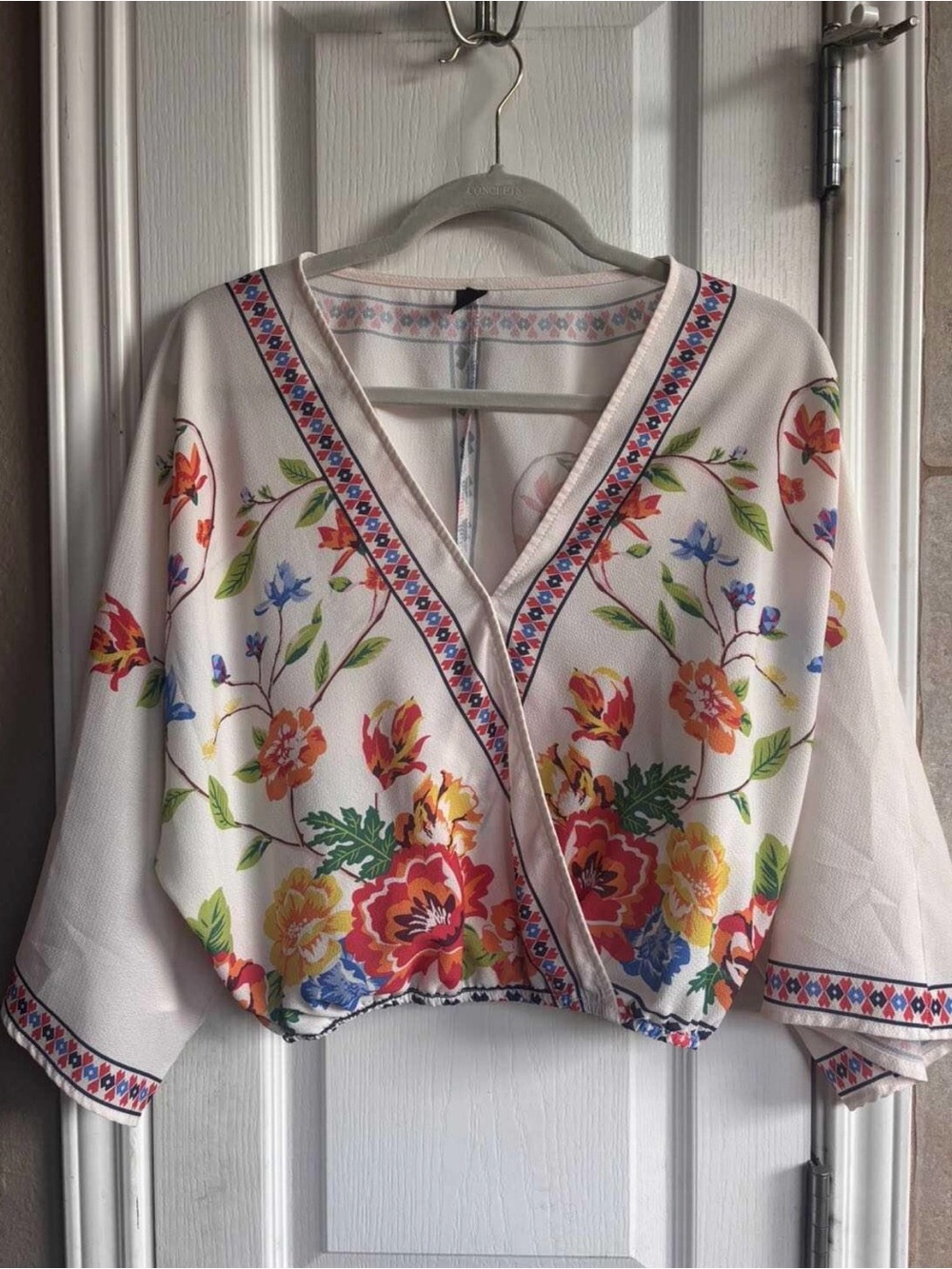 Floral V-Neck Wrap Blouse in Ivory with Multicolor Bloom